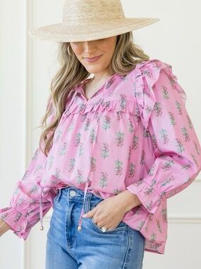 entro Pink Floral Ruffle Peasant Blouse